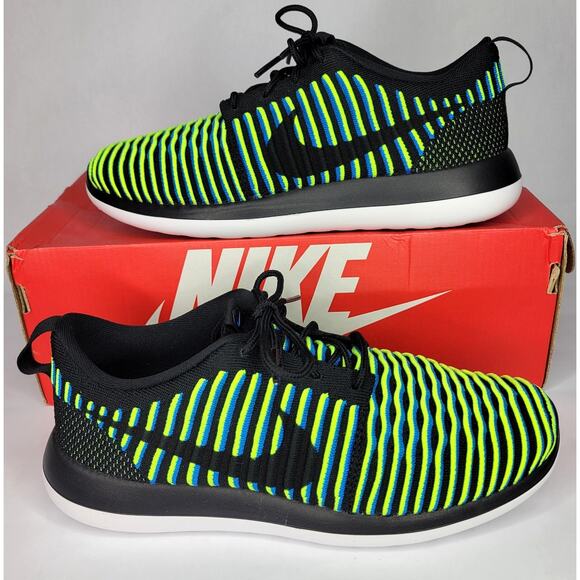 NEW Nike Roshe Two Flyknit Women's Shoes US Size 9 Black Photo Blue Volt Neon - Picture 1 of 14